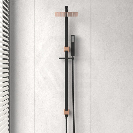 8 Inch 200Mm Square Black & Rose Gold Rainfall Twin Shower Station Top Water Inlet Showers