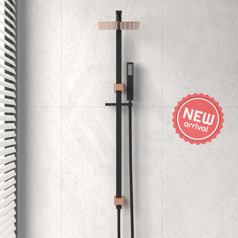 8 Inch 200Mm Square Black & Rose Gold Rainfall Twin Shower Station Top Water Inlet Showers