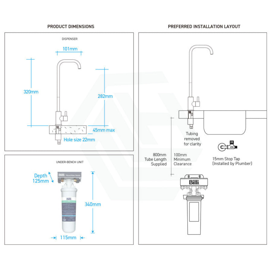 Billi Instant Filtered Water On Tap B1000 With Extended Spout Square Swivel Dispenser – Brushed