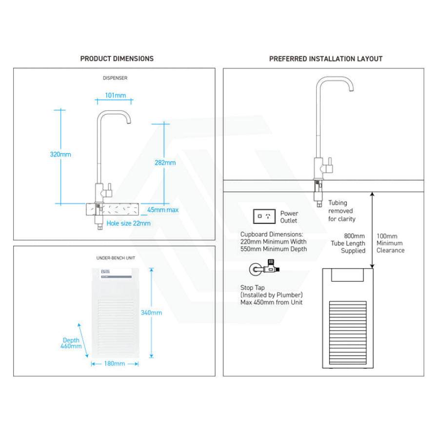 Billi Instant Chilled Water On Tap B3000 With Extended Spout Square Dispenser - Brushed Filter Taps