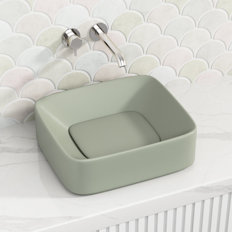 430X380X145Mm Rectangle Above Counter Ceramic Wash Basin Matt Light Green With Decoration Board