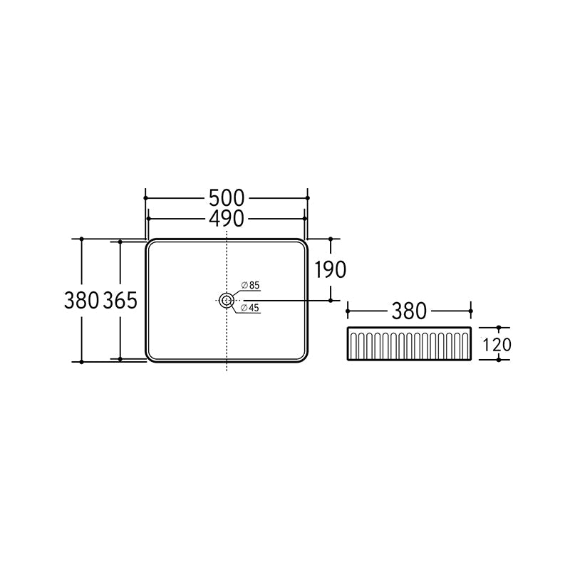 500X380X120Mm Rectangle Above Counter Ceramic Basin Ultra Slim Matt White Basins