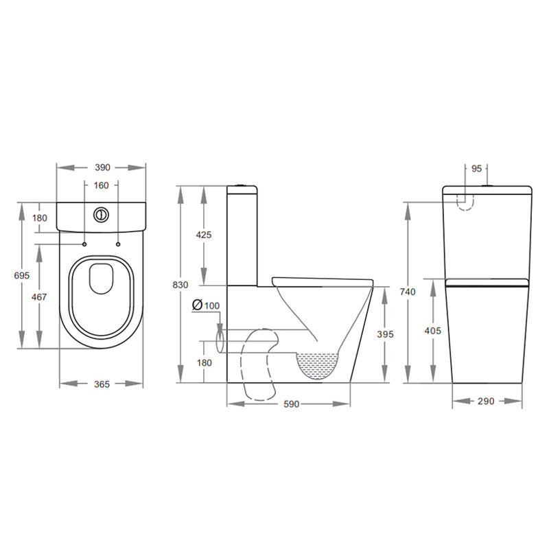 695X390X830Mm Kasey Ceramic Black Box Rim Back To Wall Faced Toilet Suite Back/Left And Right