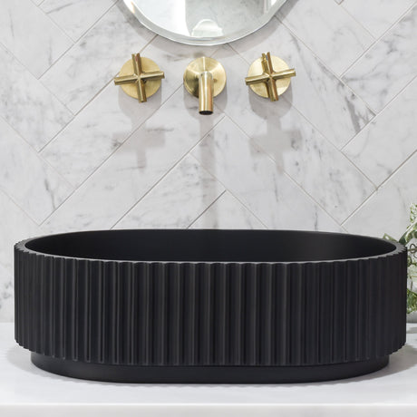 480X345X140Mm Stadio Groove Fluted Oval Above Counter Matt Black Artificial Stone Basin Basins