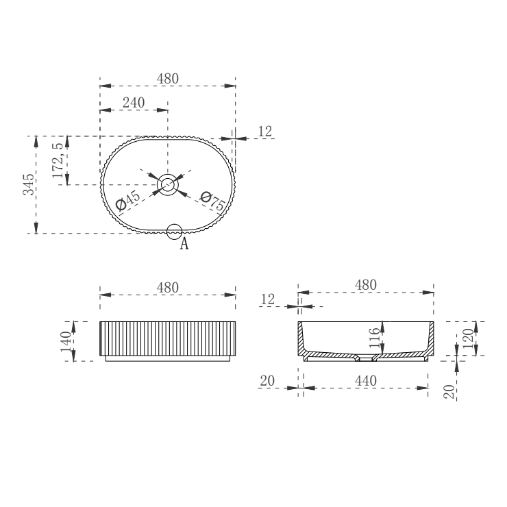 480X345X140Mm Stadio Groove Fluted Oval Above Counter Matt Black Artificial Stone Basin Basins