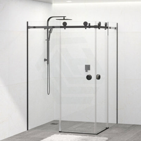 870-1450Mm Shower Screen Matt Black Frameless Double Sliding 10Mm Glass 2000Mm Height Screens