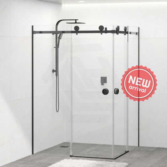 870-1450Mm Shower Screen Matt Black Frameless Double Sliding 10Mm Glass 2000Mm Height Screens