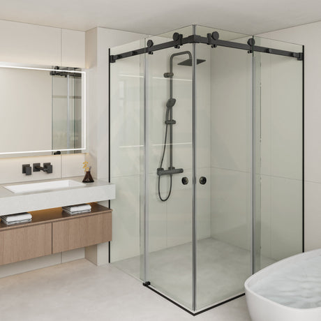 870-1450Mm Shower Screen Matt Black Frameless Double Sliding 10Mm Glass 2000Mm Height Screens