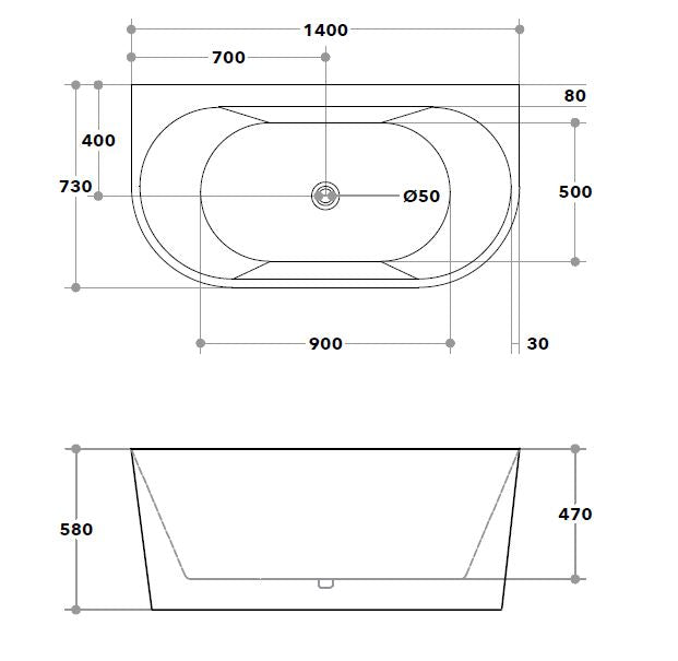 1400/1490/1700Mm Elivia Bathtub Back To Wall Acrylic Matt White No Overflow 1400Mm