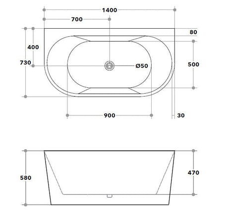 1400/1490/1700Mm Elivia Bathtub Back To Wall Acrylic Matt White No Overflow 1400Mm