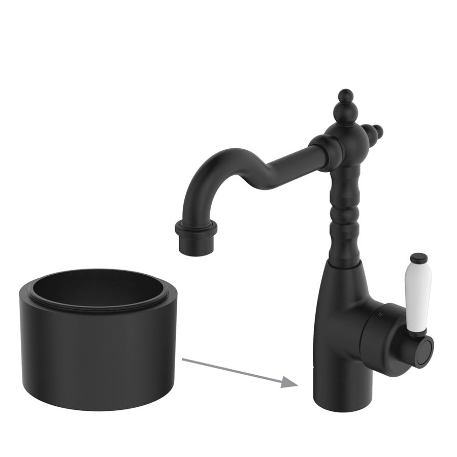 Fienza Eleanor Shepherds Crook Basin Mixer Matt Black / 30Mm Base Riser White Ceramic Short Mixers