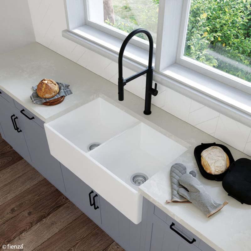 835x505x255mm Charlton Gloss White Ceramic Fluted Double Bowls Kitchen Butler Laundry Sink