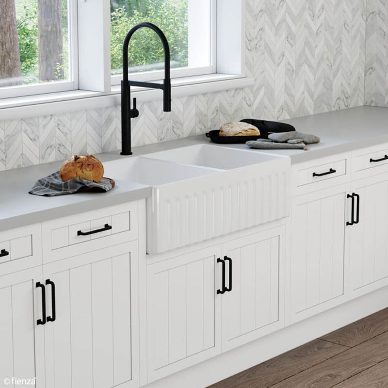 835x505x255mm Charlton Gloss White Ceramic Fluted Double Bowls Kitchen Butler Laundry Sink