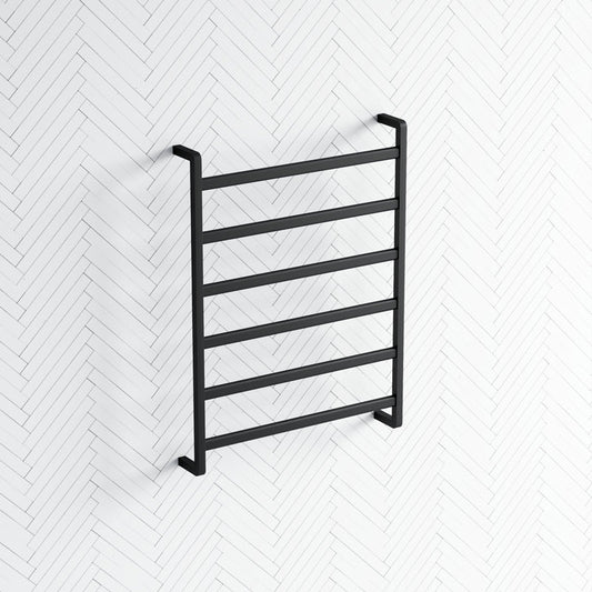 Fienza Koko Heated Towel Rail 600Mm 4/6/9 Square Bars Matt Black Rails