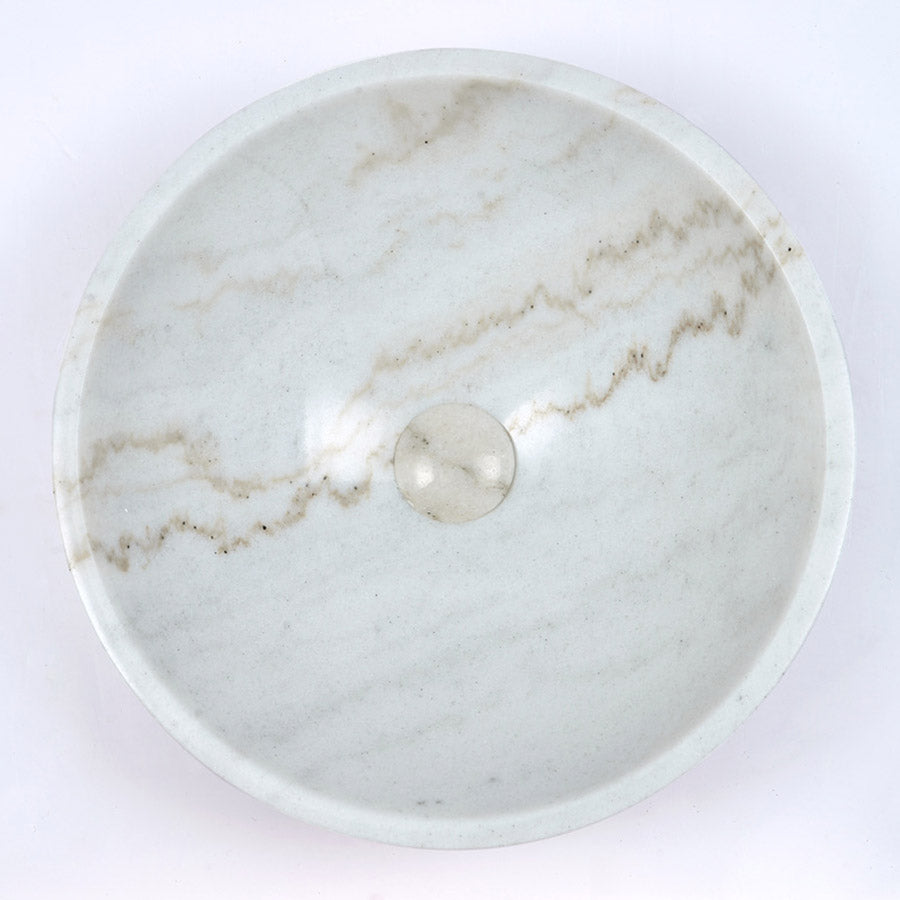 420X420X140Mm Round Above Counter Basin White Marble Surface Bathroom Stone Wash Basins