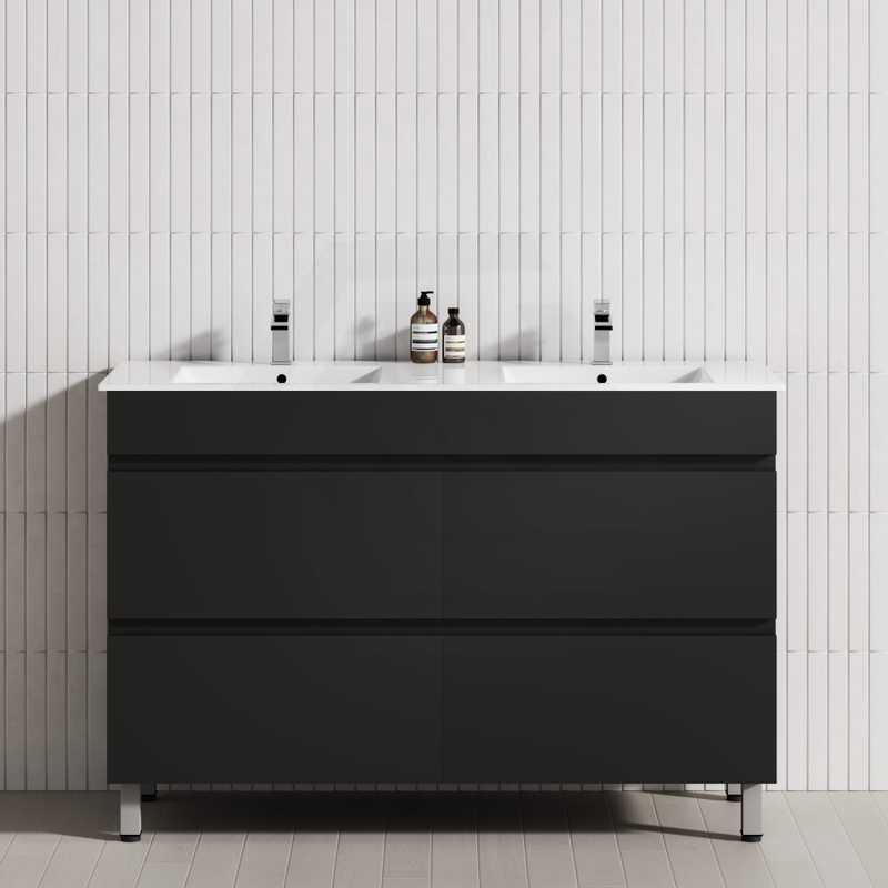 4-Drawer 1500Mm Bathroom Freestanding Vanity With Legs Double Bowls Matt Black Cabinet Only