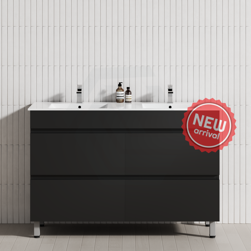 4-Drawer 1500Mm Bathroom Freestanding Vanity With Legs Double Bowls Matt Black Cabinet Only