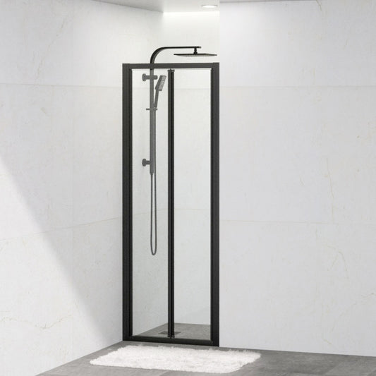 700-820x2000mm Wall to Wall Semi-Frameless Bi-Fold Swing Door Shower Screen Matt Black Rail 6mm Glass