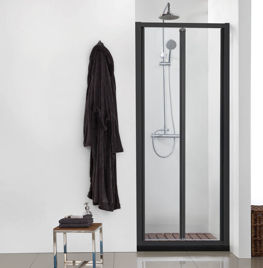 700-820x2000mm Wall to Wall Semi-Frameless Bi-Fold Swing Door Shower Screen Matt Black Rail 6mm Glass