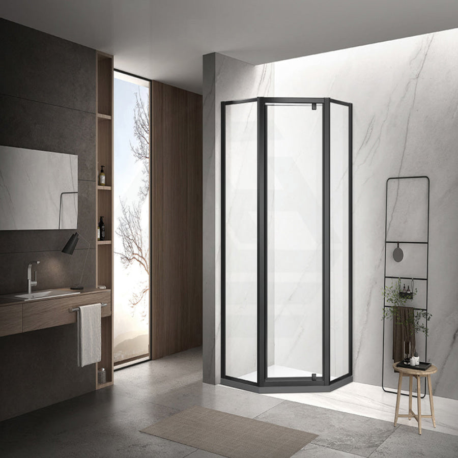 900/1000Mm Diamond Shape Shower Screen Pivot Door Matt Black Semi-Frameless 6Mm Glass 2000Mm Height