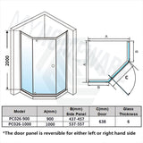 900/1000Mm Diamond Shape Shower Screen Pivot Door Chrome Semi-Frameless 6Mm Glass 2000Mm Height