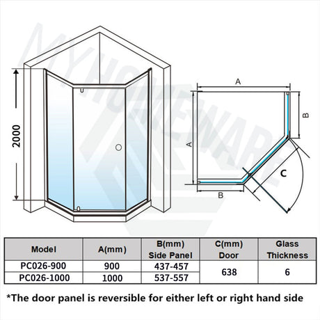 900/1000Mm Diamond Shape Shower Screen Pivot Door Chrome Semi-Frameless 6Mm Glass 2000Mm Height