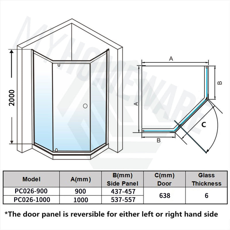 900/1000Mm Diamond Shape Shower Screen Pivot Door Chrome Semi-Frameless 6Mm Glass 2000Mm Height