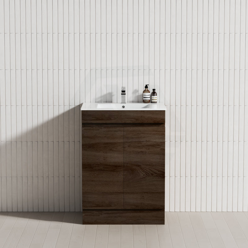 600/700Mm Narrow Berge Freestanding Vanity With Kickboard Dark Oak Wood Grain Pvc Filmed Cabinet