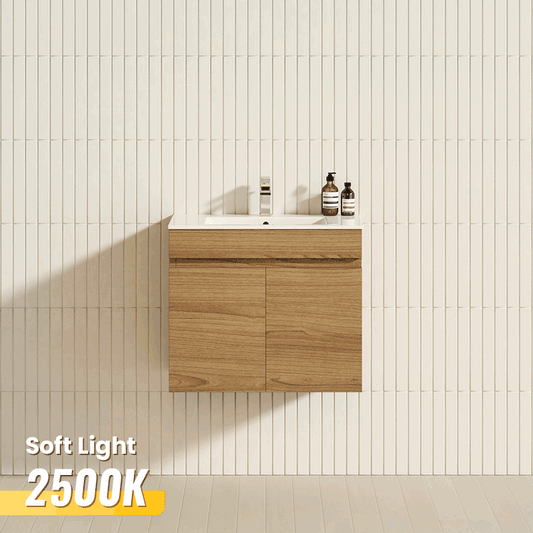 600/750mm NARROW Berge Wall Hung Bathroom Vanity White Oak Wood Grain PVC Filmed Cabinet ONLY & Ceramic/Poly Top Available