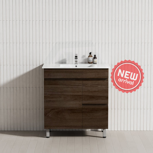 600-1500Mm Berge Freestanding Bathroom Floor Vanity Dark Oak Wood Grain Pvc Filmed Cabinet Only &