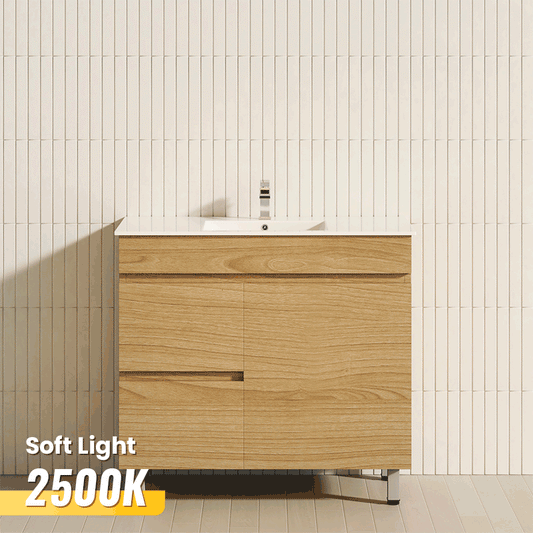 600-1500mm Berge Freestanding Bathroom Floor Vanity White Oak Wood Grain PVC Filmed Cabinet ONLY & Ceramic/Poly Top Available
