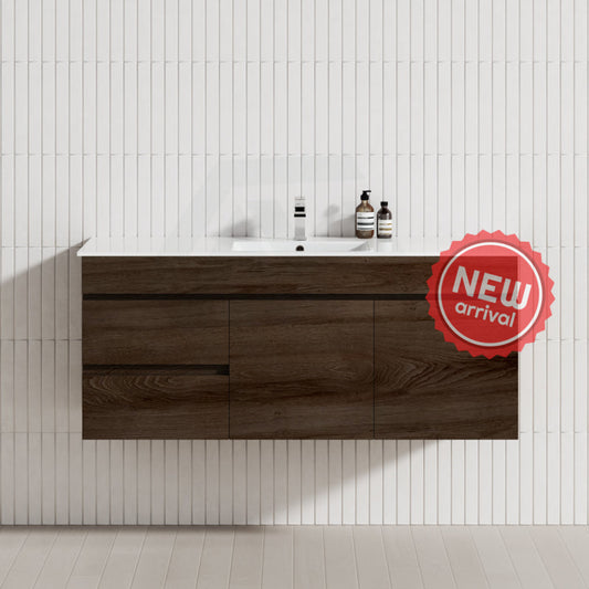 600-1500Mm Berge Dark Oak Wall Hung Vanity Wood Grain Pvc Filmed Cabinet Only & Ceramic/Poly Top