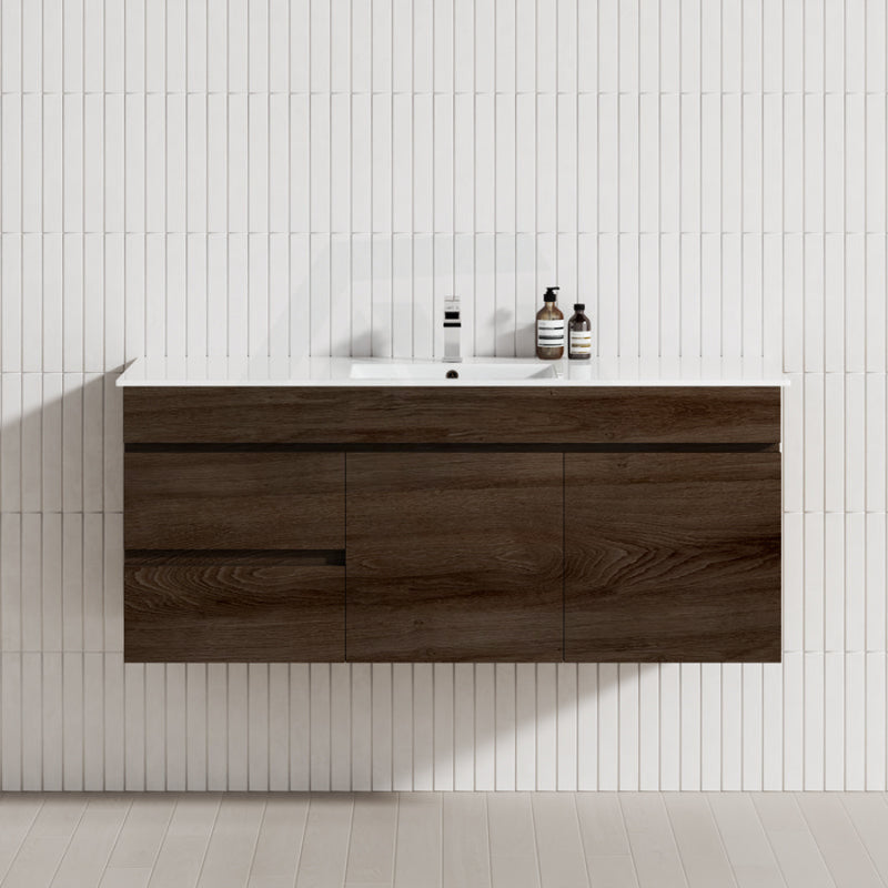 600-1500Mm Berge Dark Oak Wall Hung Vanity Wood Grain Pvc Filmed Cabinet Only & Ceramic/Poly Top