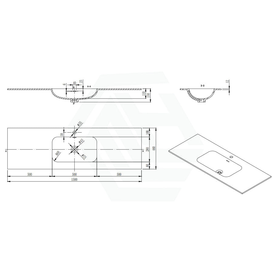 600/750/900/1200Mm Chiefly Solid Surface Top Matt White For Bathroom Vanity Stone Tops