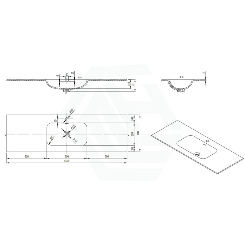 600/750/900/1200Mm Chiefly Solid Surface Top Matt White For Bathroom Vanity Stone Tops