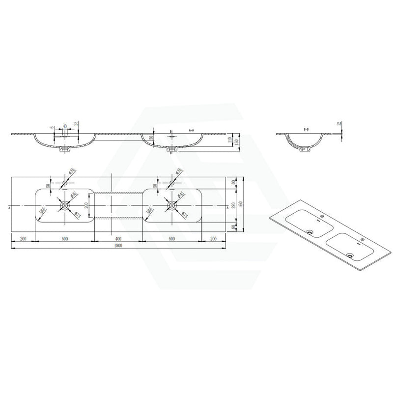 1800X460X150Mm Chiefly Solid Surface Top Gloss White For Bathroom Vanity 12 O’clock Tap Hole