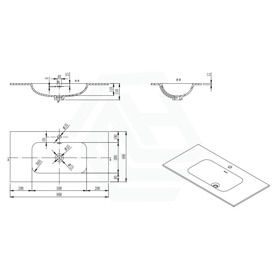 600/750/900/1200Mm Chiefly Solid Surface Top Matt White For Bathroom Vanity Stone Tops