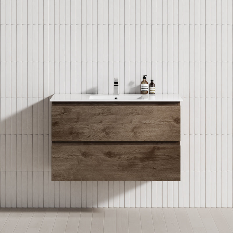 600-1500Mm Wall Hung Bathroom Floating Vanity Dark Oak Wood Grain Pvc Filmed Drawers Cabinet