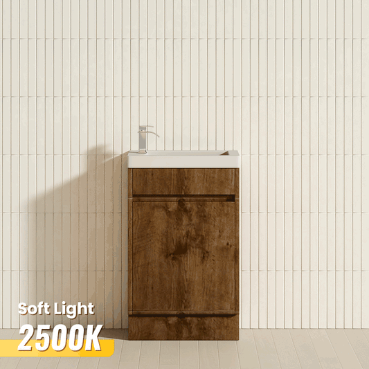 500x250x940mm Mini Bathroom Vanity Dark Oak Wood Grain Cabinet Ceramic Top Kickboard Freestanding PVC Filmed