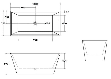 1200/1400/1500/1700Mm Qubist Square Bathtub Freestanding Acrylic Gloss White No Overflow 1400Mm