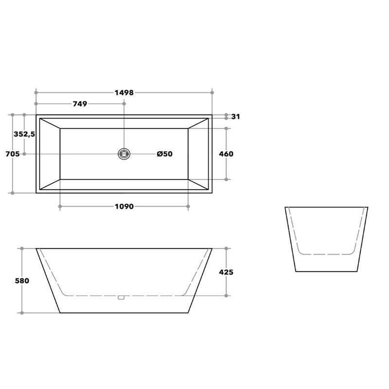 1200/1400/1500/1700Mm Qubist Square Bathtub Freestanding Acrylic Gloss White No Overflow 1500Mm