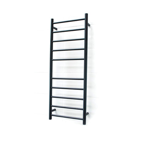 Radiant Matt Black Heated Round Ladder Towel Rail 430 X 1100Mm 10 Bars Bottom Left Rails