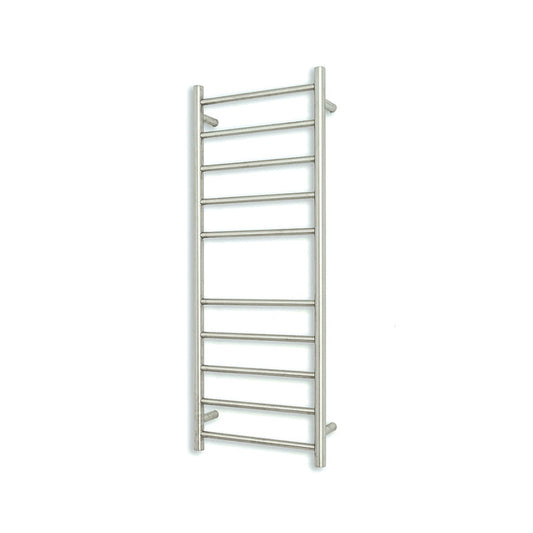 Radiant Brushed Satin Heated Round Ladder Towel Rail 430 X 1100Mm 10 Bars Bottom Left Rails