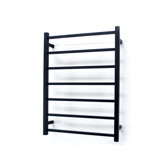 Radiant Matt Black Heated Square Ladder Towel Rail 600 X 800Mm 7 Bars Bottom Left Rails