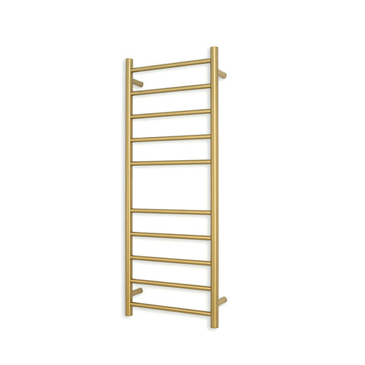 G#8(Gold) Radiant Brushed Gold Heated Round Ladder Towel Rail 430 X 1100Mm 10 Bars Bottom Left Rails