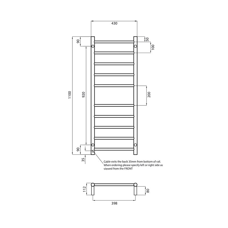 Radiant Mirror Polished Heated Round Ladder Towel Rail 430 X 1100Mm 10 Bars Rails