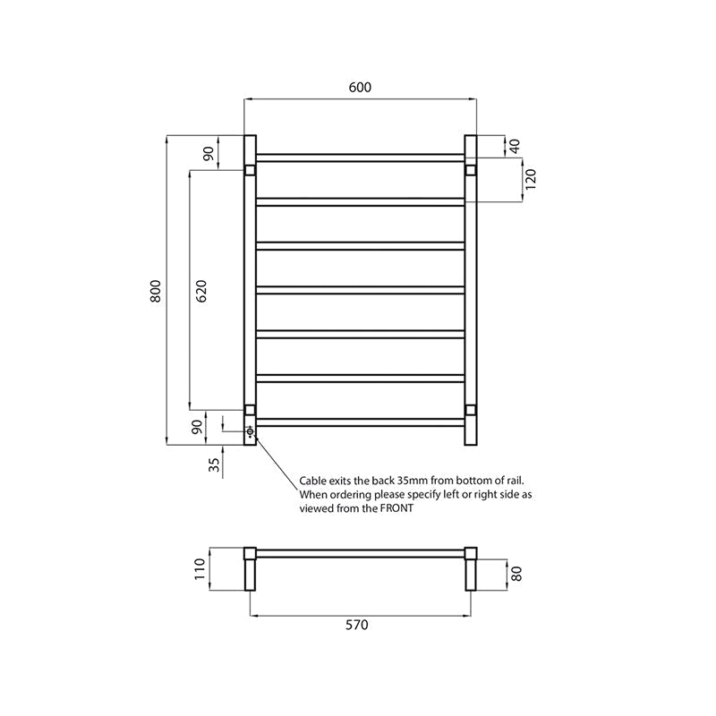 Radiant Brushed Satin Heated Square Ladder Towel Rail 600 X 800Mm 7 Bars Rails