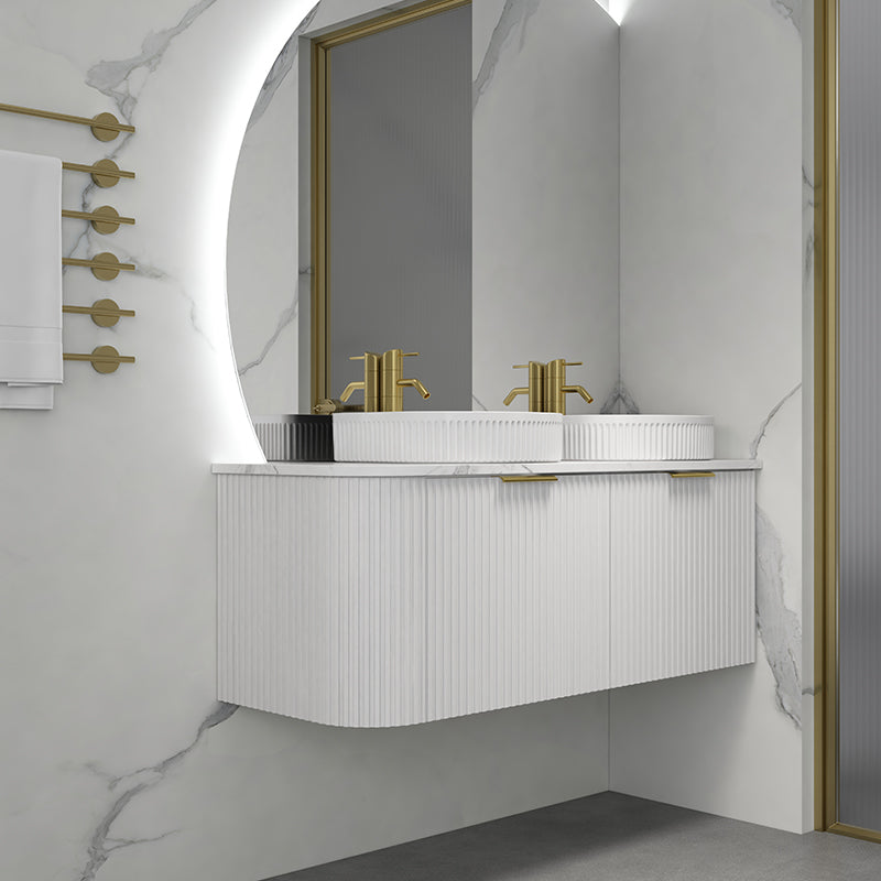 Rio 600/750/900/1200/1500Mm Bathroom Linear Surface Corner Vanity Wall Hung Plywood White With Stone