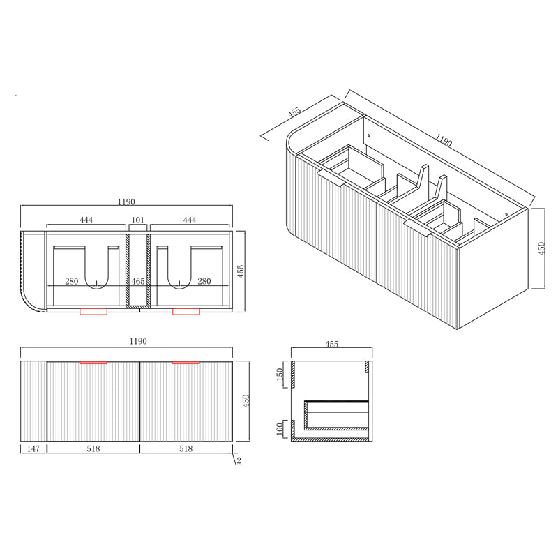 Rio 600/750/900/1200/1500Mm Bathroom Linear Surface Corner Vanity Wall Hung Plywood White With Stone