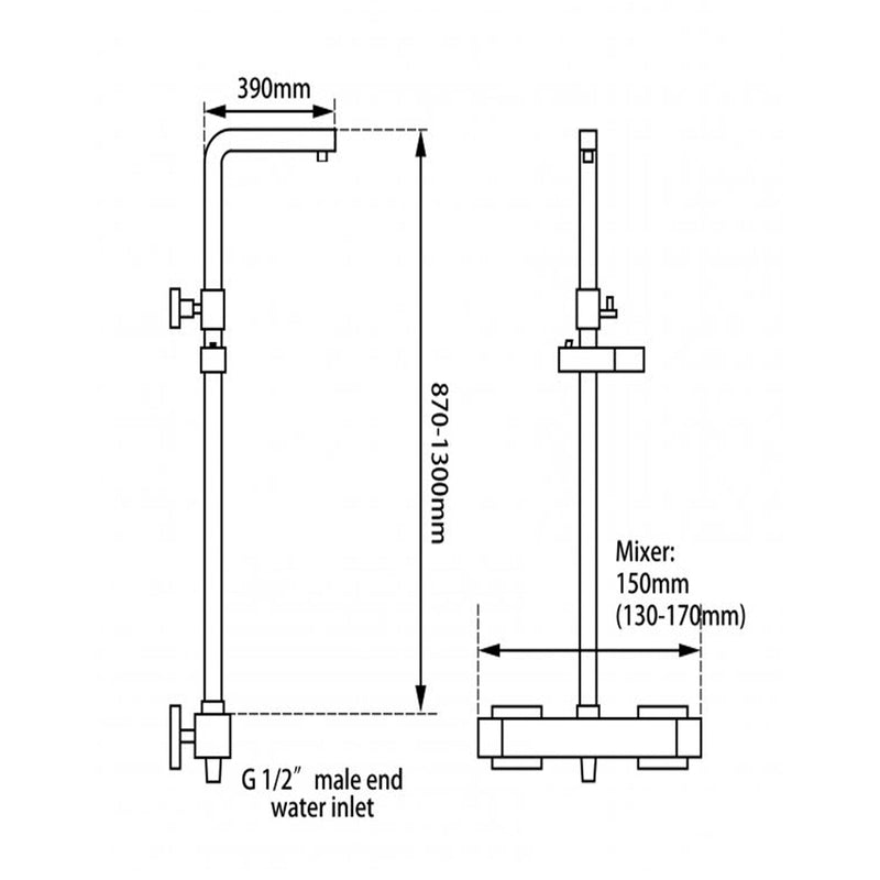 Square Chrome Thermostatic Sliding Twin Shower Rail Bottom Water Inlet